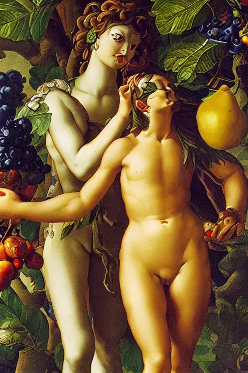 Image similar to cyborg and human, garden with fruits on trees, closeup, ultra detailed, Guido Reni style