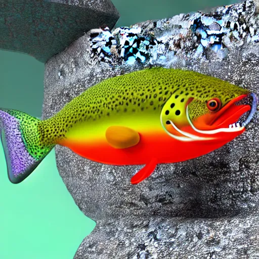 Prompt: concept art, 3 d render of a cute colorful trout wearing a ruff collar in a small glass aquarium with a dark blue background, digital art