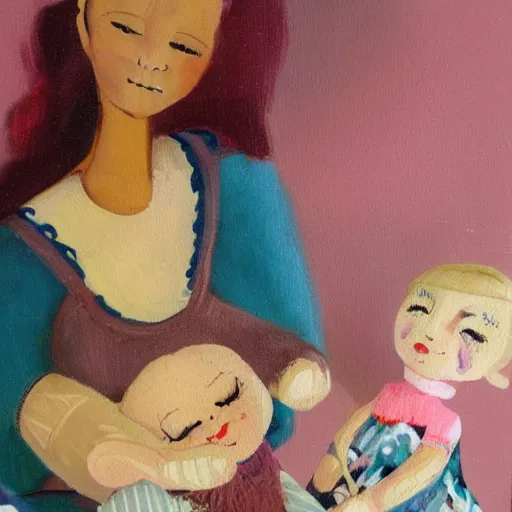 Image similar to woman with the magical ability to give life to the dolls she makes, painting