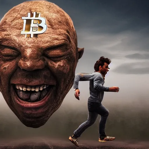 Image similar to people running away scared from a giant with bitcoin head, cinematic, sci-fi art, hyper-realistic, 8k