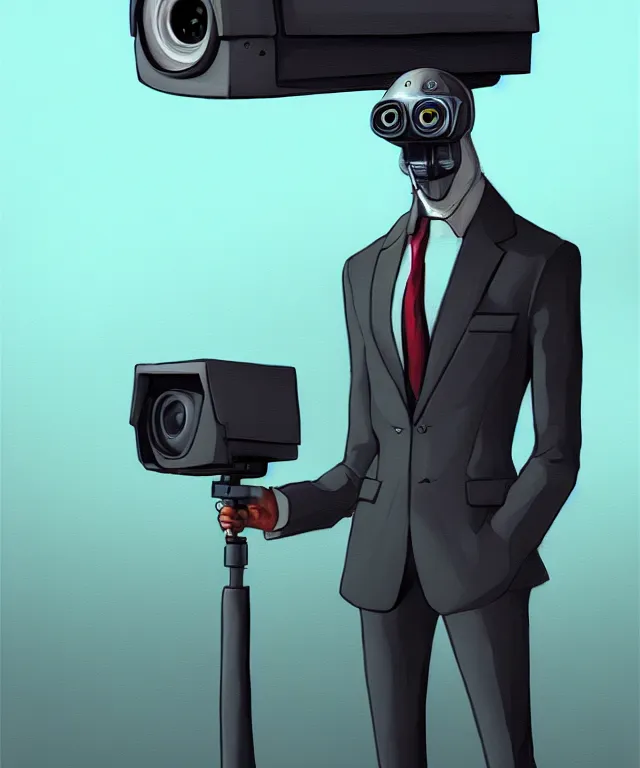 Image similar to a portrait of an anthropomorphic surveillance camera wearing a suit, cyberpunk!, fantasy, elegant, digital painting, artstation, concept art, matte, sharp focus, illustration, art by nick sullo