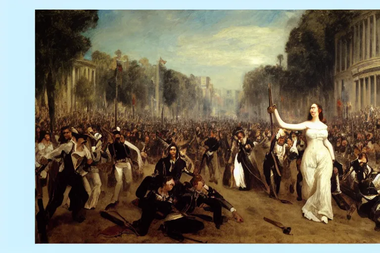 Prompt: Kat Dennings as Liberty Leading the People by Eugène Delacroix', highly detailed, trending on artstation, award winning, H 768