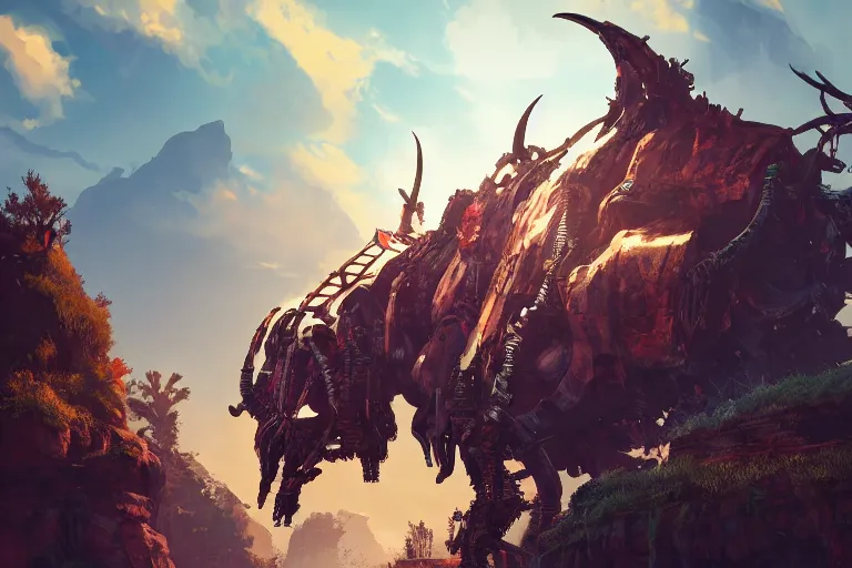 Image similar to grimhorn fanghorn machine mecanical creature robot of horizon forbidden west horizon zero dawn bioluminiscence global illumination ray tracing hdr fanart arstation by ian pesty and alena aenami artworks in 4 k