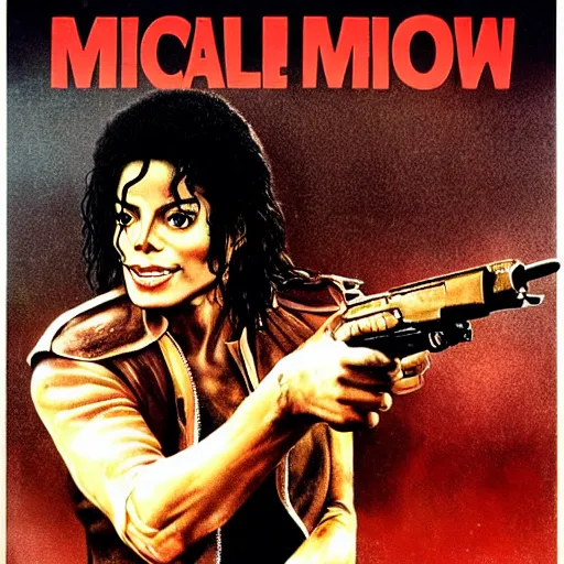 Image similar to michael jackson in rambo movie poster, holding machine gun