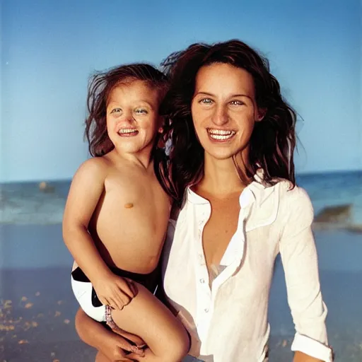 Image similar to portrait of a happy family at the beach fully - clothed, outdoor lighting, realistic, smooth face, perfect eyes, wide angle, sharp focus, high quality, professional photography, photo by annie leibovitz, mark mann, peter lindbergh