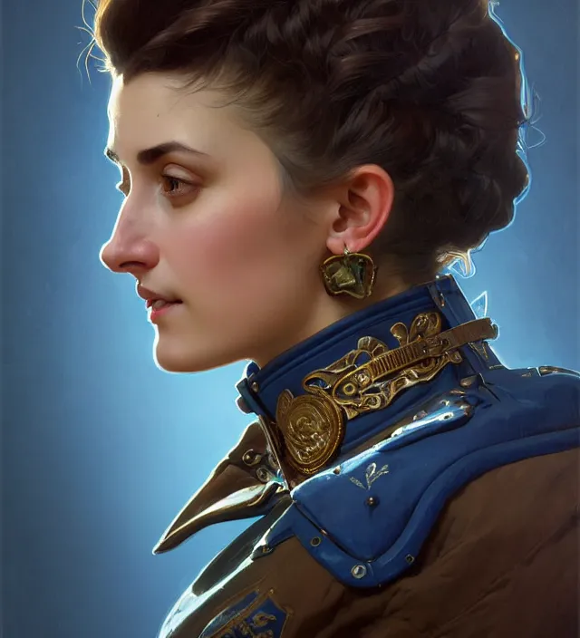 Prompt: portrait of a italian woman wearing a blue traditional nineteenth century military jacket, metal shoulder pauldrons, intricate, highly detailed, digital painting, artstation, concept art, sharp focus, cinematic lighting, illustration, art by artgerm and greg rutkowski, alphonse mucha, cgsociety