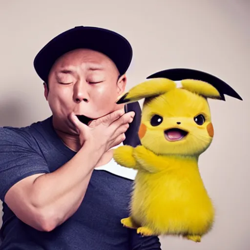 Image similar to portrait mid - sneeze cute detective pikachu mid - sneeze wiping face with rag at a photoshoot studio lighting