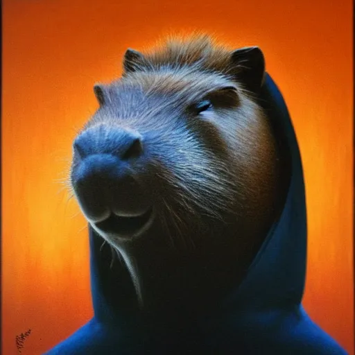 Image similar to a portrait of a capybara wearing a black hood, cloak covering face, anatomically correct, beautiful perfect face, enigmatic, oil painting, matte, black background, volumetric dynamic lighting, highly detailed, cinematic lighting, unreal engine, 8 k, hd, by beksinski
