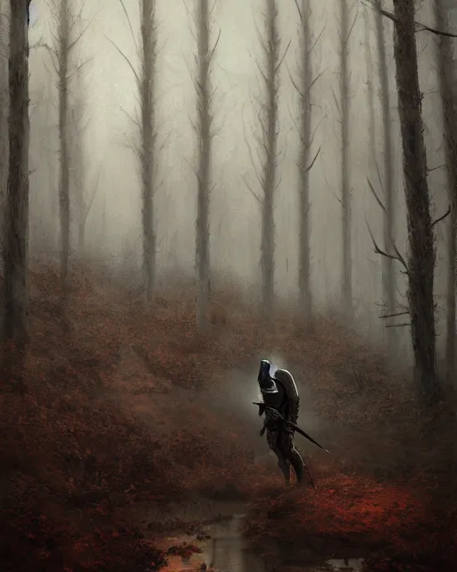 Image similar to Hyper realistic painting of a knight in full plate armor that has completely turned to rust, hyper detailed, surrounded by a dark forest, fog, moody, creepy, cinematic lighting, by greg rutkowski, trending on artstation