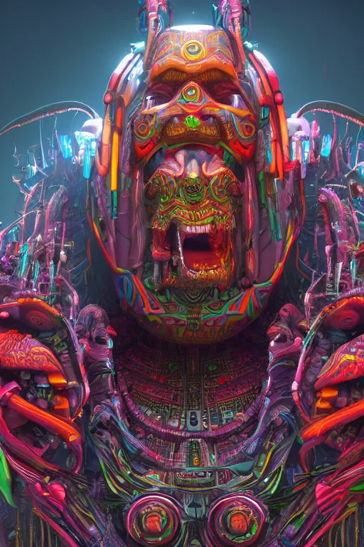 Image similar to a shamanic god made from colorful intricate alien technology in futuristic dreamscape detailed artwork, extremely detailed and high quality, global illumination, octane render, digital art trending on artstation