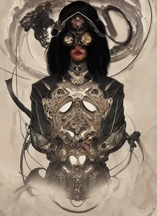 Prompt: a cyborg empress with mask, black leather garment with art nouveau ivory accessories, cyberpunk, darksynth, luxury, concept art by jama jurabaev, extremely detailed, ominous, ethereal, artstation, andree wallin, edvige faini, balaskas, alphonse mucha, symmetry