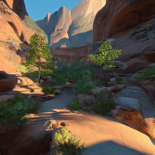 Image similar to pathway canyon in between mountains, unreal engine, high detail, realism, award winning, detailed lighting