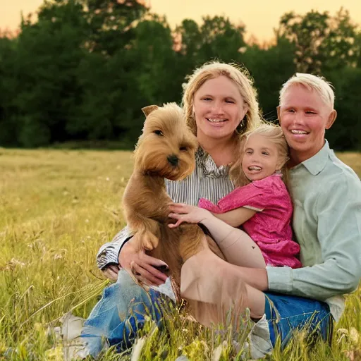 Prompt: happy family of a 40 year-old wife and husband with a teen daugther, blond with long hair, on a meadow at sunset; the daughter holds a Yorkshire Terrier on her lap, painted by Norman Rockwell