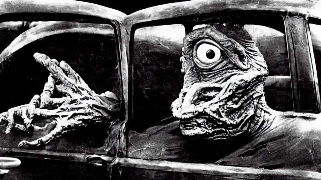 Image similar to the creature sits in a car, made of wax and metal, film still from the movie directed by David Cronenberg with art direction by Salvador Dalí, wide lens