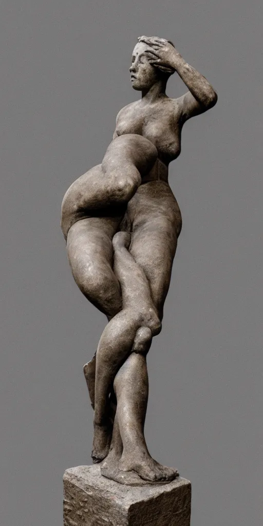 Image similar to detailed photo of old concrete patina statue of most famous woman, full body portrait, various bending poses, photorealism, intricate detail, museum diffuse lighting
