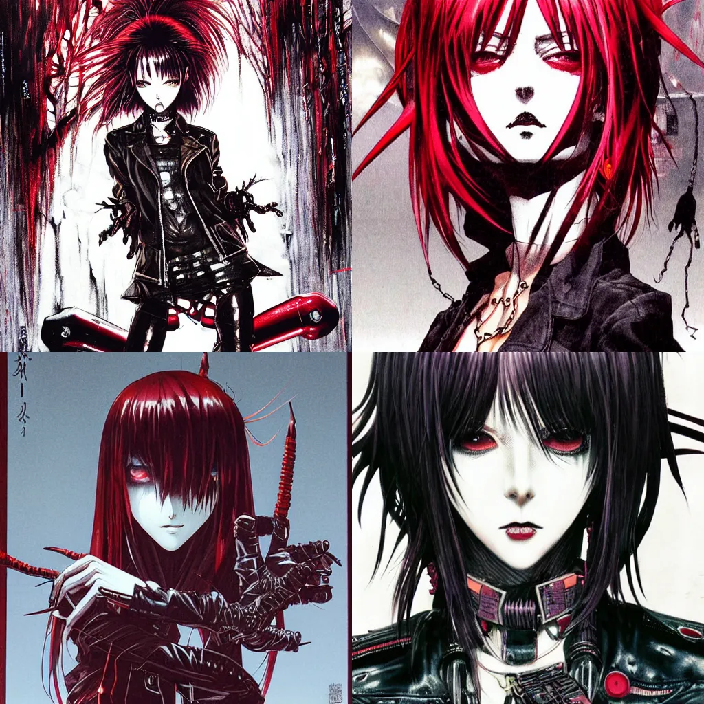 Prompt: highly detailed coherent professional 9 0 s seinen manga cover art of badass goth woman with red hair, leather clothes, black makeup. chunibyo. horror cyberpunk action manga cover promotional art. detailed and intricate environment. drawn by ilya kuvshinov and painted by zdzislaw beksinski, pencils by tsutomu nihei