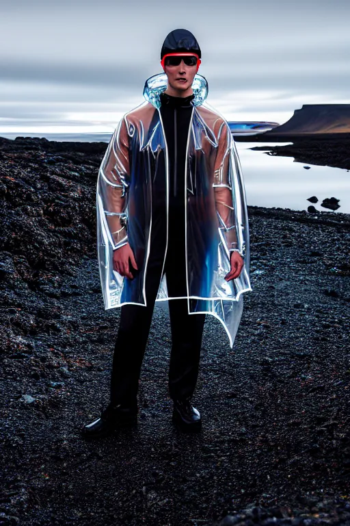 Image similar to an ultra high definition professional high fashion portrait studio full length photograph of a male model wearing a transparent pearlescent raincoat and neon visor in an icelandic black rock environment at dawn. no artefacts. extremely detailed. stark. refraction. shallow depth of field. volumetric light and shadow. ray tracing. light rays.