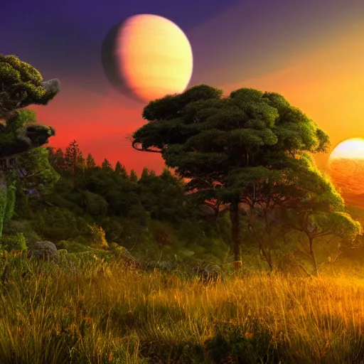 Prompt: a beautiful alien planet with luscious vegetation and impossible animals. landscape photography. sunset. high quality. very detailed.