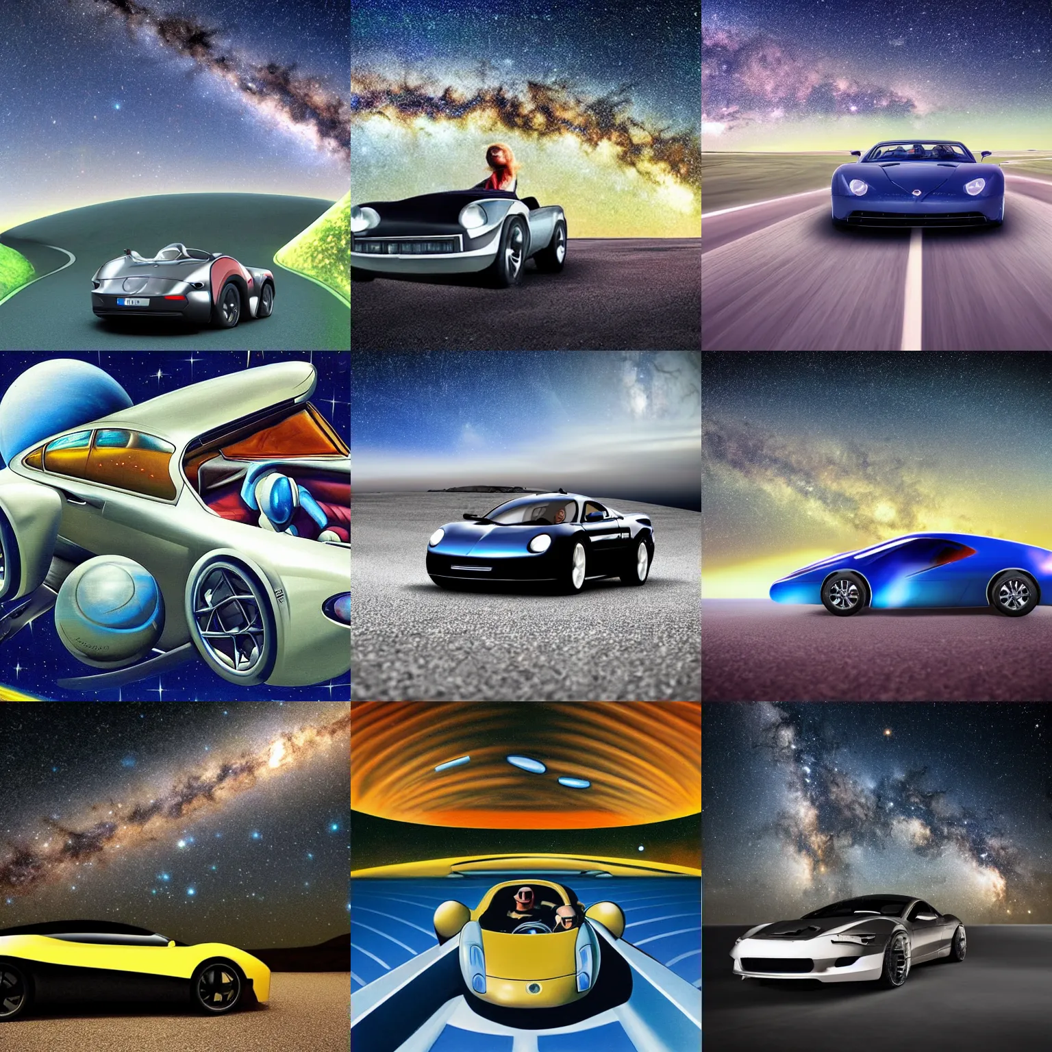Prompt: sport car drive in space to the Milky Way, surrealism,