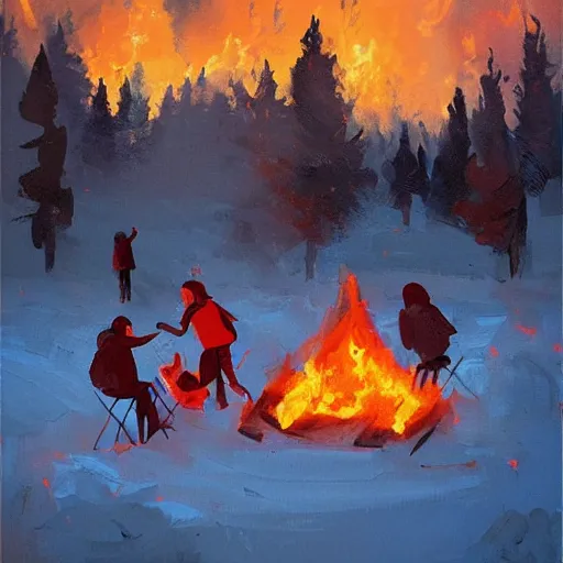 Image similar to a camp with tents on fire, burning down, shadows of 3 girls watching the camp burn, snow, painted by Sylvain Sarrailh