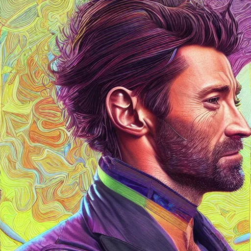Image similar to portrait of hugh jackman, hyper detailed masterpiece, neon floral pattern, jean giraud, digital art painting, darkwave goth aesthetic, psychedelic, artgerm, donato giancola and tom bagshaw