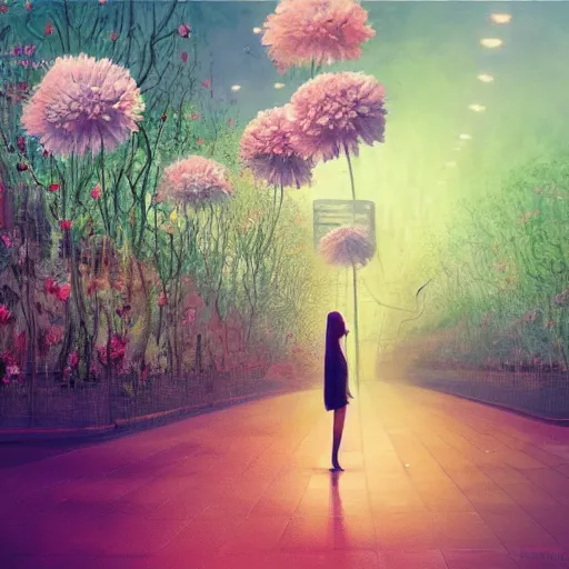 Image similar to giant carnation flower head, woman standing in metro station, surreal photography, dramatic light, impressionist painting, digital painting, artstation, simon stalenhag