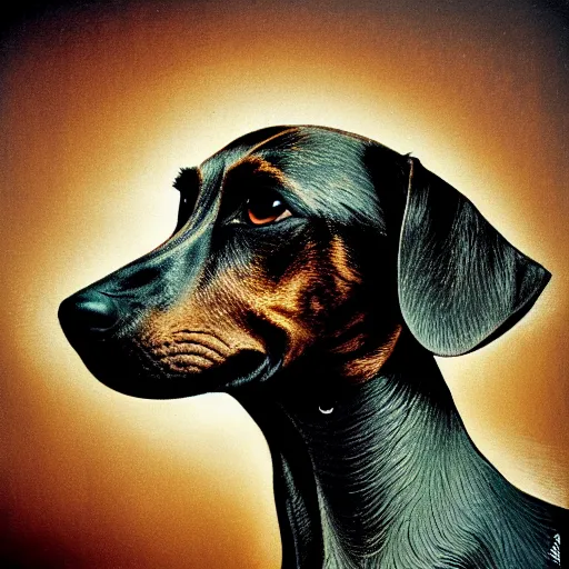 Image similar to brindle dachshund profile picture by Mandelbrot, Benoit B., asymmetrical, Organic Painting, Matte Painting, geometric shapes, hard edges, street art, symmetric face, symmetric eyes