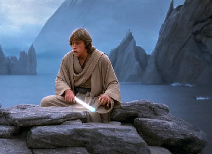 Image similar to screenshot of Luke Skywalker reading the ancient Jedi textbooks, outside on a rocky jedi temple, famous scene from the force awkaens, 1980s film directed by Stanley Kubrick cinematic lighting, moody cinematography, with anamorphic lenses, crisp, detailed portrait, 4k image