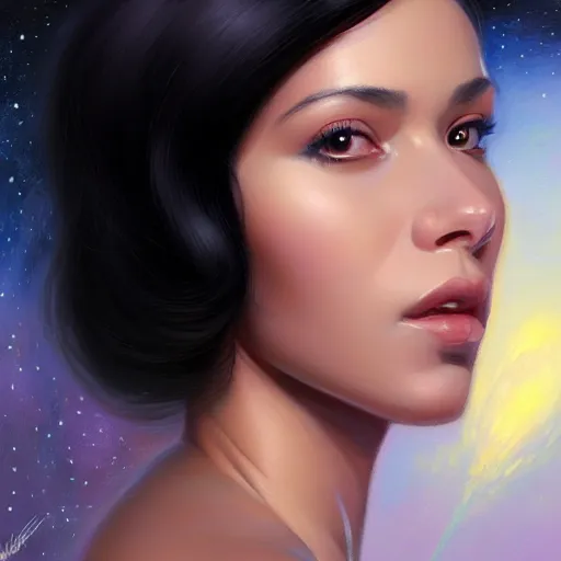 Image similar to a portrait of a very beautiful woman in a spacesuit, Alexandria\'s genesis, shoulder-length black hair, bored, illustration, soft lighting, soft details, painting oil on canvas by mark arian by artgerm, trending on artstation, 4k, 8k, HD