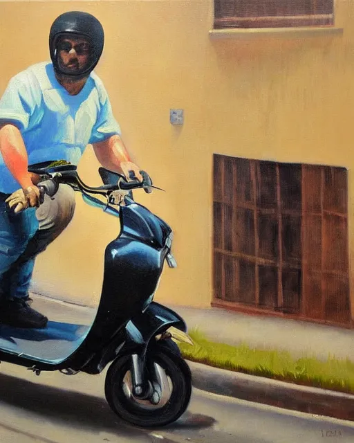 Prompt: kayne riding moped, aged oil painting by le pho