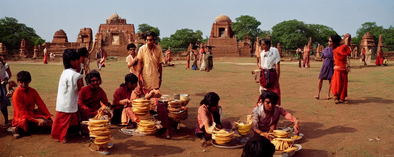 Image similar to people offering spaghetti at sanchi stupa, ancient india, canon 5 0 mm, kodachrome, in the style of wes anderson, retro