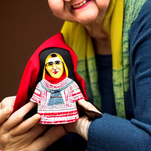 Image similar to portrait of a babushka with collectible miniature handmade john oliver doll