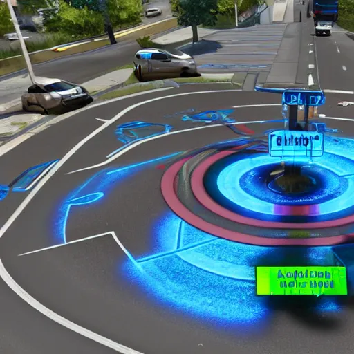 Prompt: a realistic photo of an intersection that uses portals from the video game portal 2 to control traffic by sending vehicle into blue portals and out of organge portals at an intersection, trending on cgstation