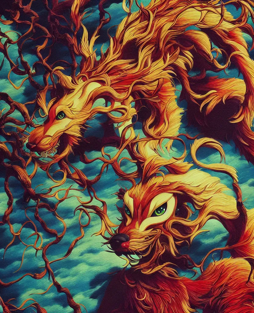 Image similar to beautiful painting cell shading from the anime film by studio ghibli, red anthropomorphic dog slitscan video effect, painting by Raqib shaw, detail fur,