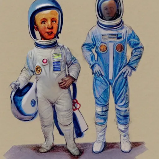 Image similar to Orville Houghton Peet and William Simpson and Jean Gautier color sketch of a boy super scientist in a retro home made astronaut suit