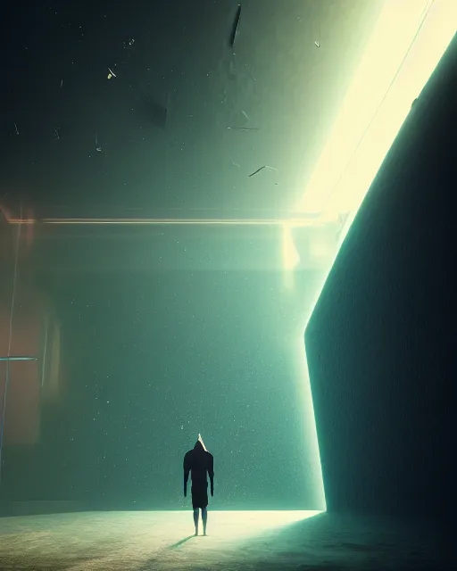 Image similar to a person standing in front of an open door, poster art by mike winkelmann, trending on cg society, space art, sci - fi, ue 5, futuristic, volumetric lighting