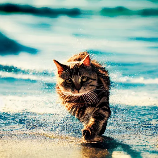 Image similar to photograph of cat running through the shallow waves at the beach, high quality, hd, flickr, sharp focus, cinematic lighting, rim lighting, enhanced colors