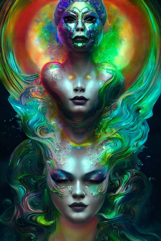 Prompt: a centered render of an alluring goddess wearing a psychedelic mask surrounded by a underwater ink pour, perfect face, powerful, cinematic, beautifully lit, by artgerm, by karol bak, 3 d, trending on artstation, octane render, 8 k