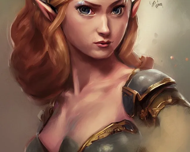 Prompt: portrait of princess zelda as a beautiful female bodybuilder amazon with plump lips, elegant, fantasy, hd shot, digital portrait, beautiful, artstation, comic style, by artgerm, guy denning, jakub rozalski, magali villeneuve and charlie bowater