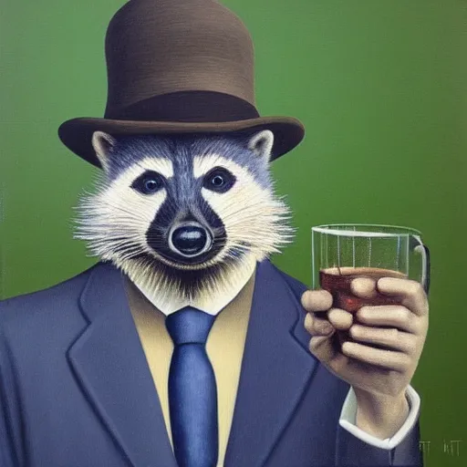 Image similar to a magritte painting masterpiece exposed in Paris : a racoon with a hat , This 4K HD image is Trending on Artstation, featured on Behance, well-rendered, extra crisp