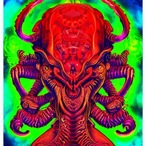 Image similar to 4 k stylized neon headshot of godlike cthulhu with defined arms and open hands and bloody clothes with giant mandala wings, intricate face, flawless anime cel animation by kentaro miura, psychedelic, highly detailed upper body, professionally post - processed, beautiful, scary, symmetry accurate features, epic, octane rendered, anime masterpiece, accurate