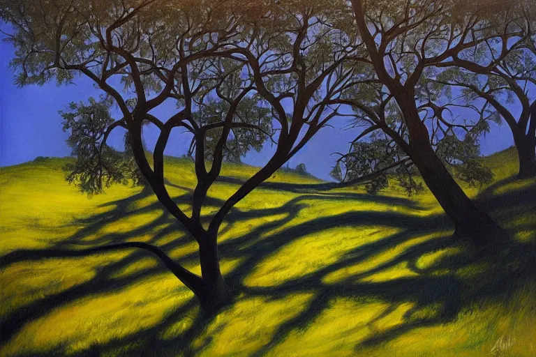 Prompt: masterpiece painting of oak trees on a hillside overlooking a creek, dramatic lighting, by april gornik