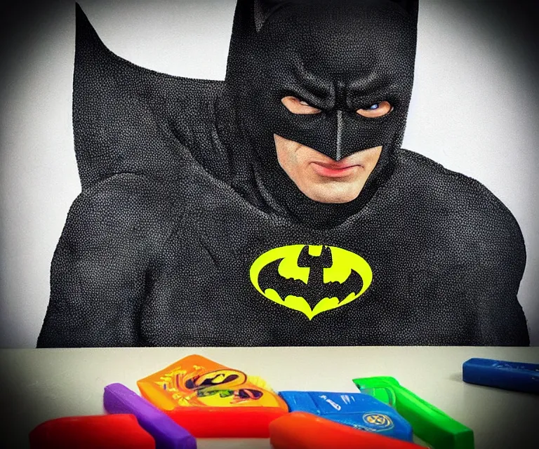 Image similar to “ treacher collins batman eating crayons from the box, photorealistic, hyperrealism, 8 k ”