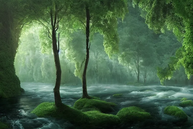 Prompt: a beautiful painting of a vast serene landscape with trees and rivers in the matrix, green matrix code, detailed, deep focus, movie still, dramatic lighting, ray tracing, by michal karcz and ryoji ikeda