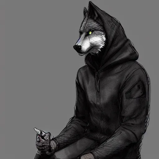 Prompt: Wolf like a Human, dressed black hoodie, sitting at the bar, light falls on him, sad mood, digital art, artstation, high quality, detailed,