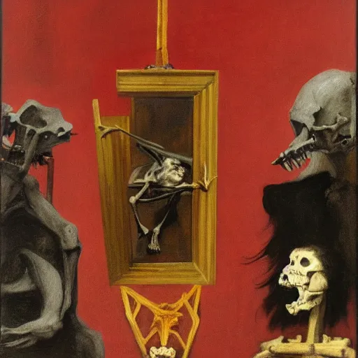 Prompt: figure hanging on wooden cross and another person laughing with a Cow skeleton by Francisco Goya and Francis Bacon, vibrant red background, mythological painting, oil painting, triadic color scheme, very coherent, Figure laughing seated on a throne of marble, whale skeleton inside interior room, Beksinski painting, masterpiece