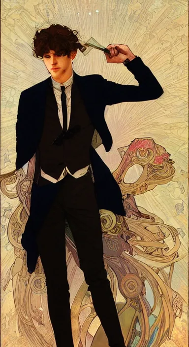 Image similar to Full body portrait of a pretty cat boy in his twenties in fancy clothes. Art by Greg Rutkowski and Alphonse Mucha