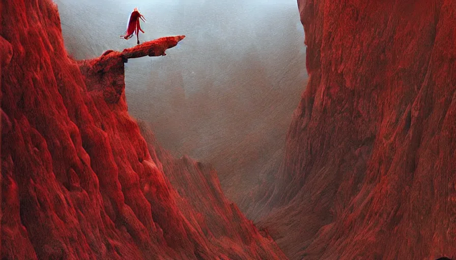 Prompt: landscape artwork of veiled red skeletal angel climbing over a mountain, artwork by zdzislaw beksinski