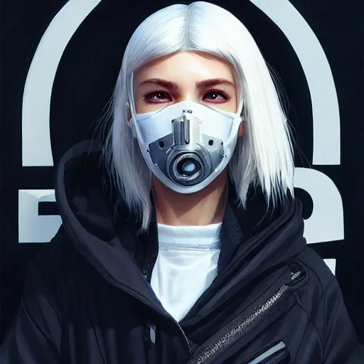 Image similar to very cool girl white hair girl with mask, streetwear, techwear, cyberpunk style outfit, full body, nose piercing, detailed portrait, intricate complexity, by greg rutkowski, artgerm, ross tran, conrad roset, takato yomamoto, ilya kuvshinov. 4 k, beautiful, cinematic dramatic atmosphere