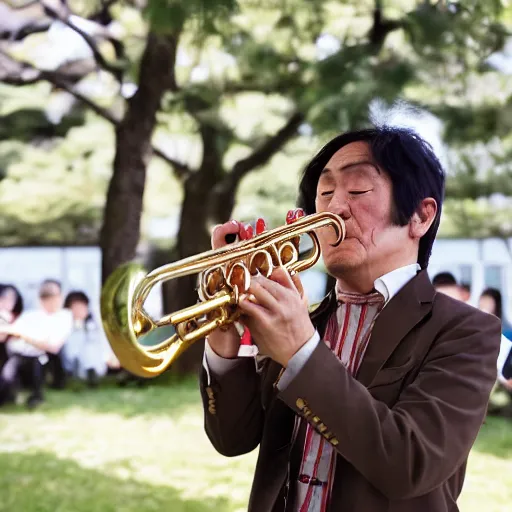 Prompt: middle aged japanese man playing the trumpet in a ska band